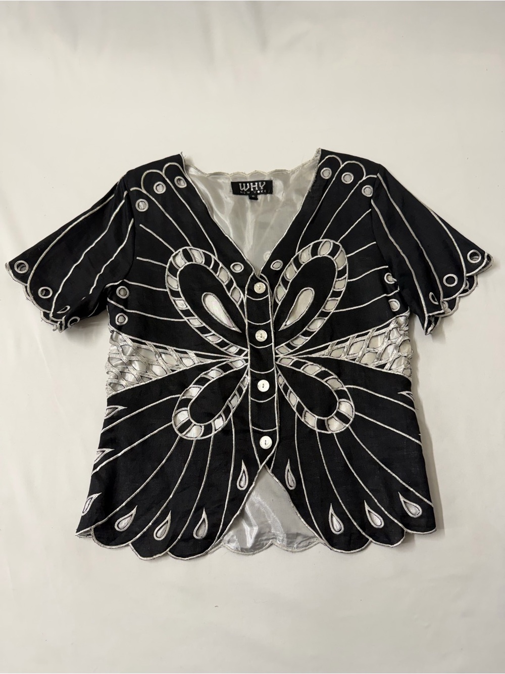 WHY New York Black & White Embroidered Butterfly Cutout Button Front Top